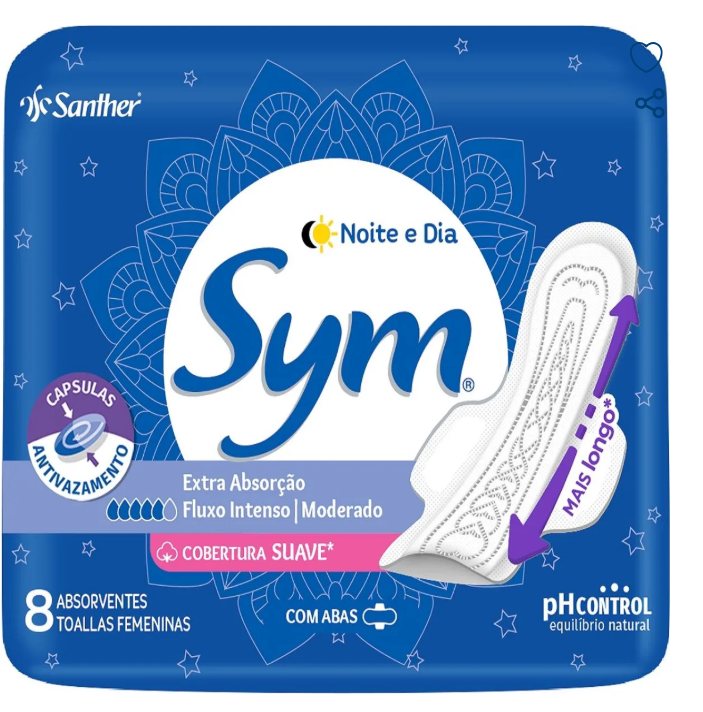 Absorvente Sym Noite e Dia Cobertura Suave com Abas 8 Unidades
